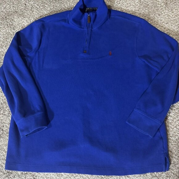 Polo Ralph Lauren Sweater Mens 2XL Blue Quarter Zip Mock Neck Red Pony Pullover - Picture 1 of 9